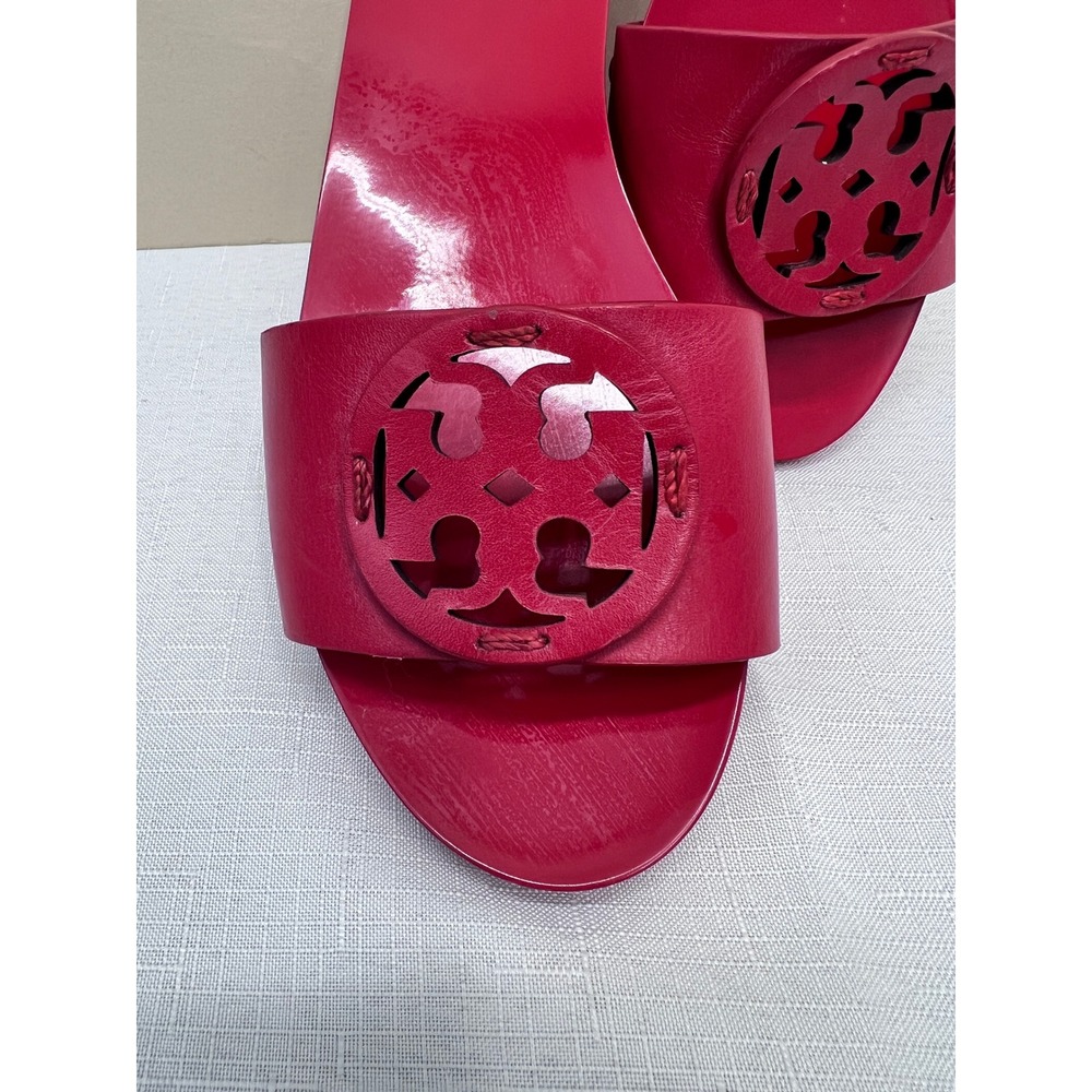 Tory Burch Miller Wedge Sandals Womens Red Good Logo Patent Leather Slides - Picture 2 of 10